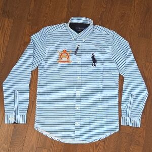 Ralph Lauren Men's Striped Blue Button Down Shirt With Embroidered Logo Size XL